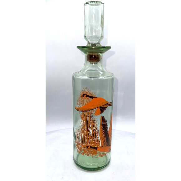 Vintage Green Glass Decanter With Cork Stopper & Orange Canadian Geese Design - Picture 2 of 13